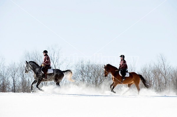 Husband and wife horseback riding through the deep snow