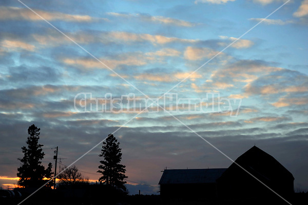 Silhouette photo of barn against colorful sky