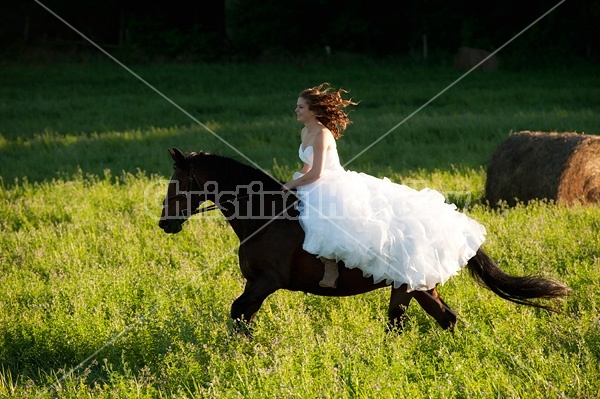 Woman riding horse wearing a wedding dress Handley Stock Photos