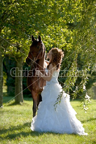 Woman in wedding dress with horse.