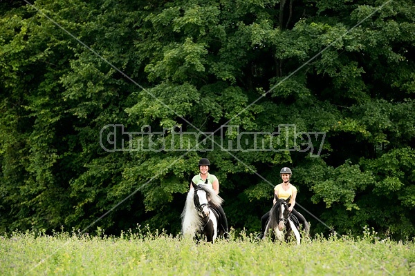 Two women riding Gypsy Vanner horses