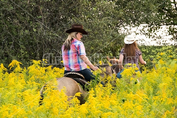 Young woman horseback riding western 