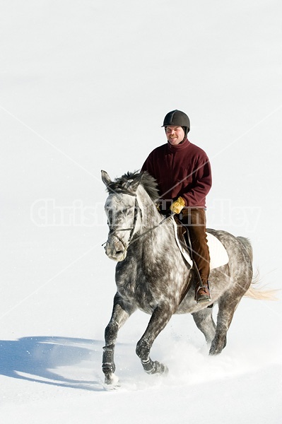 Man riding grey horse galloping through deep snow