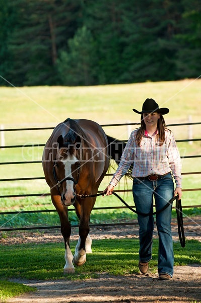 Young woman catching her Paint mare out of the paddock