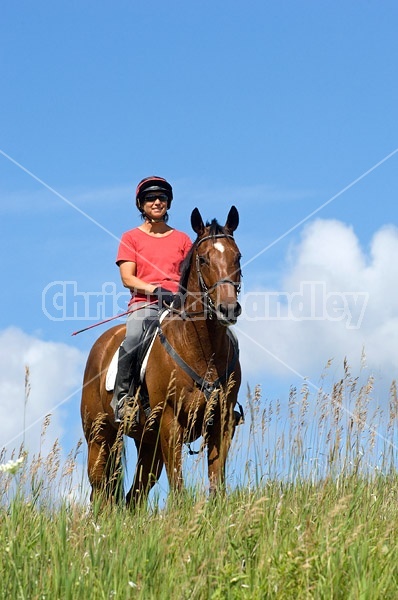 Woman riding bay horse