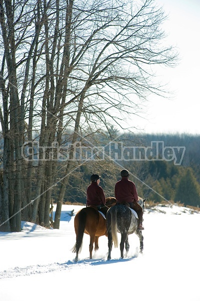 Husband and wife horseback riding through the deep snow