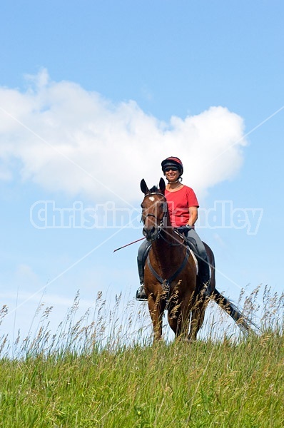 Woman riding bay horse