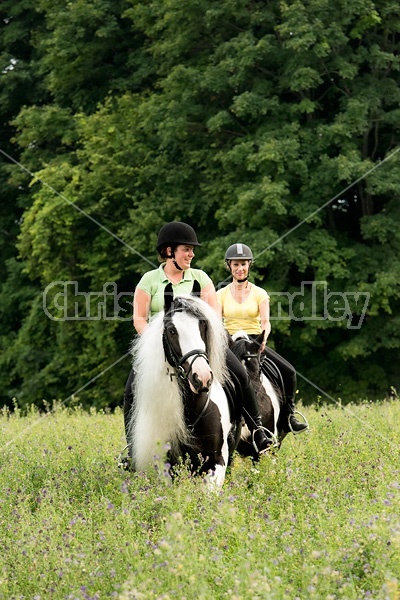 Two women riding Gypsy Vanner horses